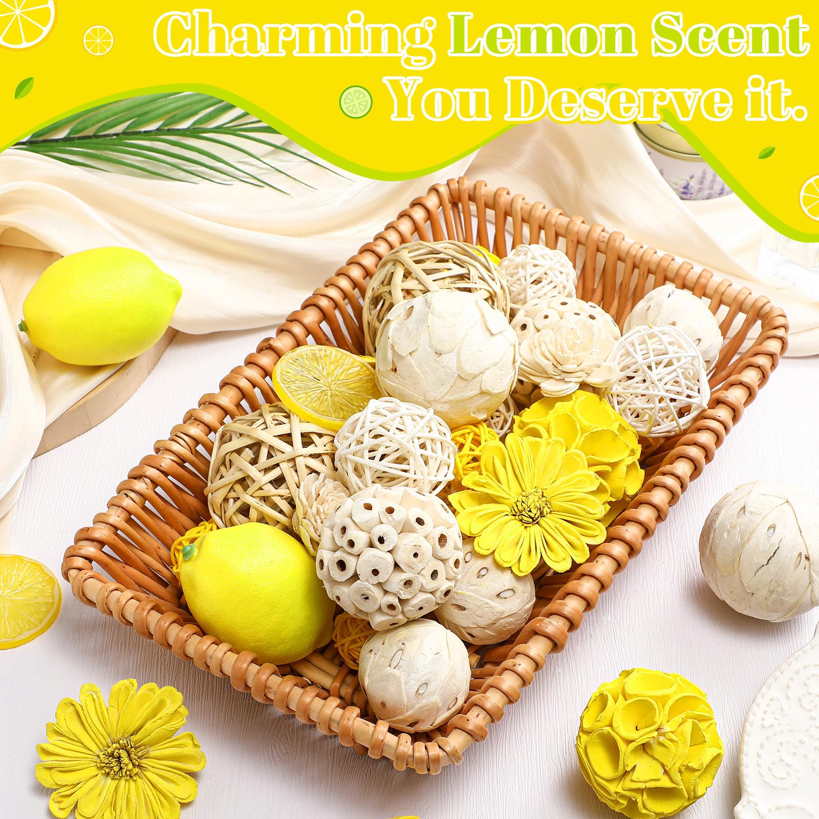 Riceshoot lemon yellow balls fit bowls, baskets, and trays beautifully.