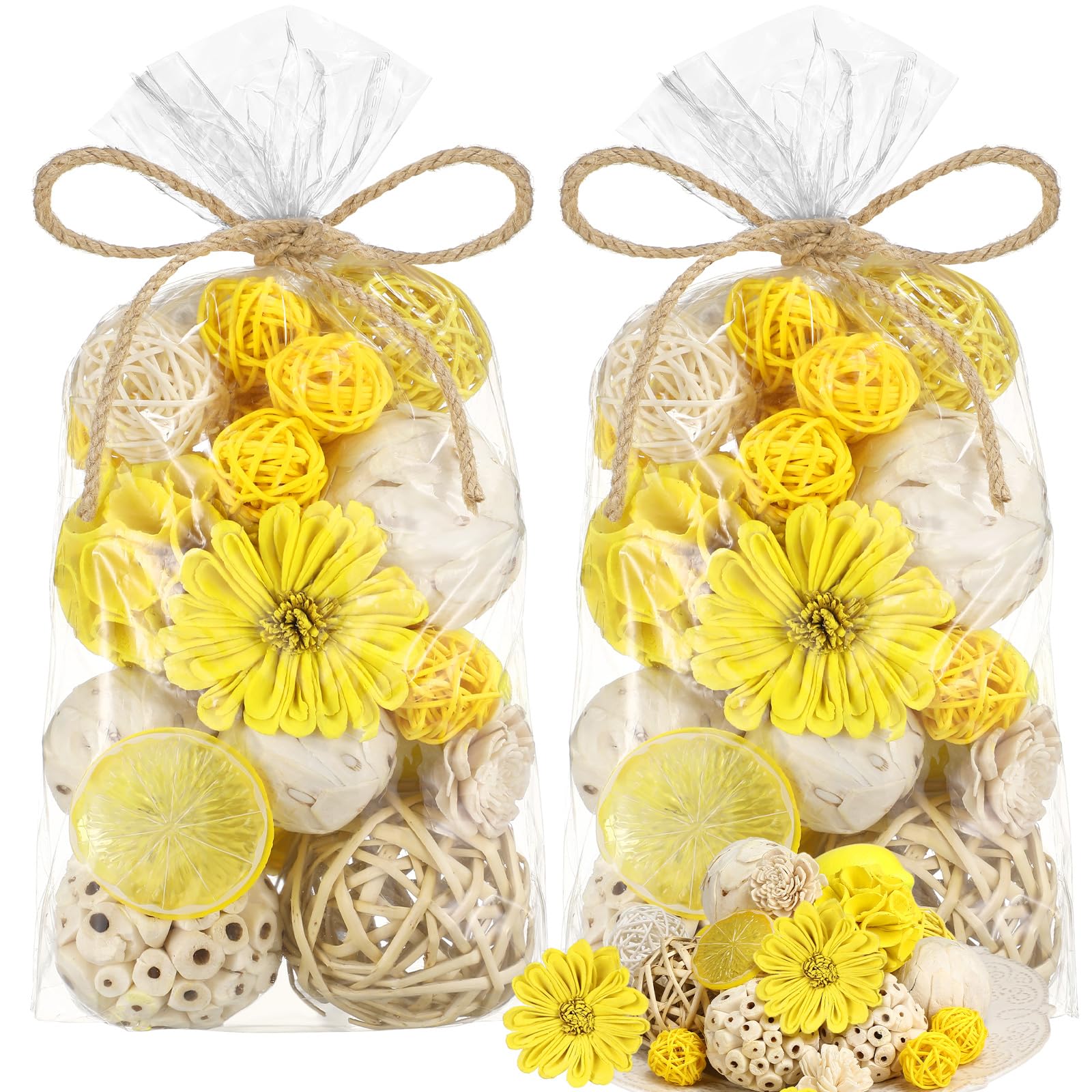 Riceshoot lemon yellow decorative balls centerpiece for a sunny table display.