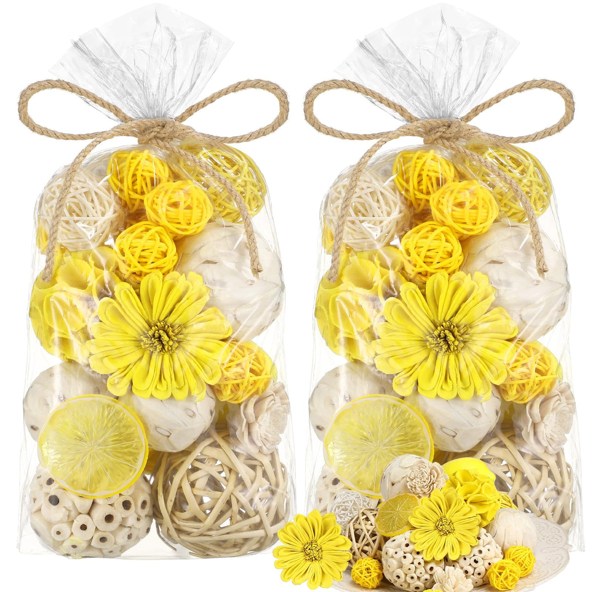 Riceshoot lemon yellow decorative balls centerpiece for a sunny table display.
