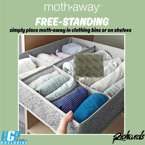 Richards Moth Away sachets arranged in a storage box.