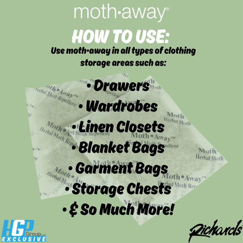Richards Moth Away sachet in closet/drawer demonstrates safe, chemical-free wardrobe protection.