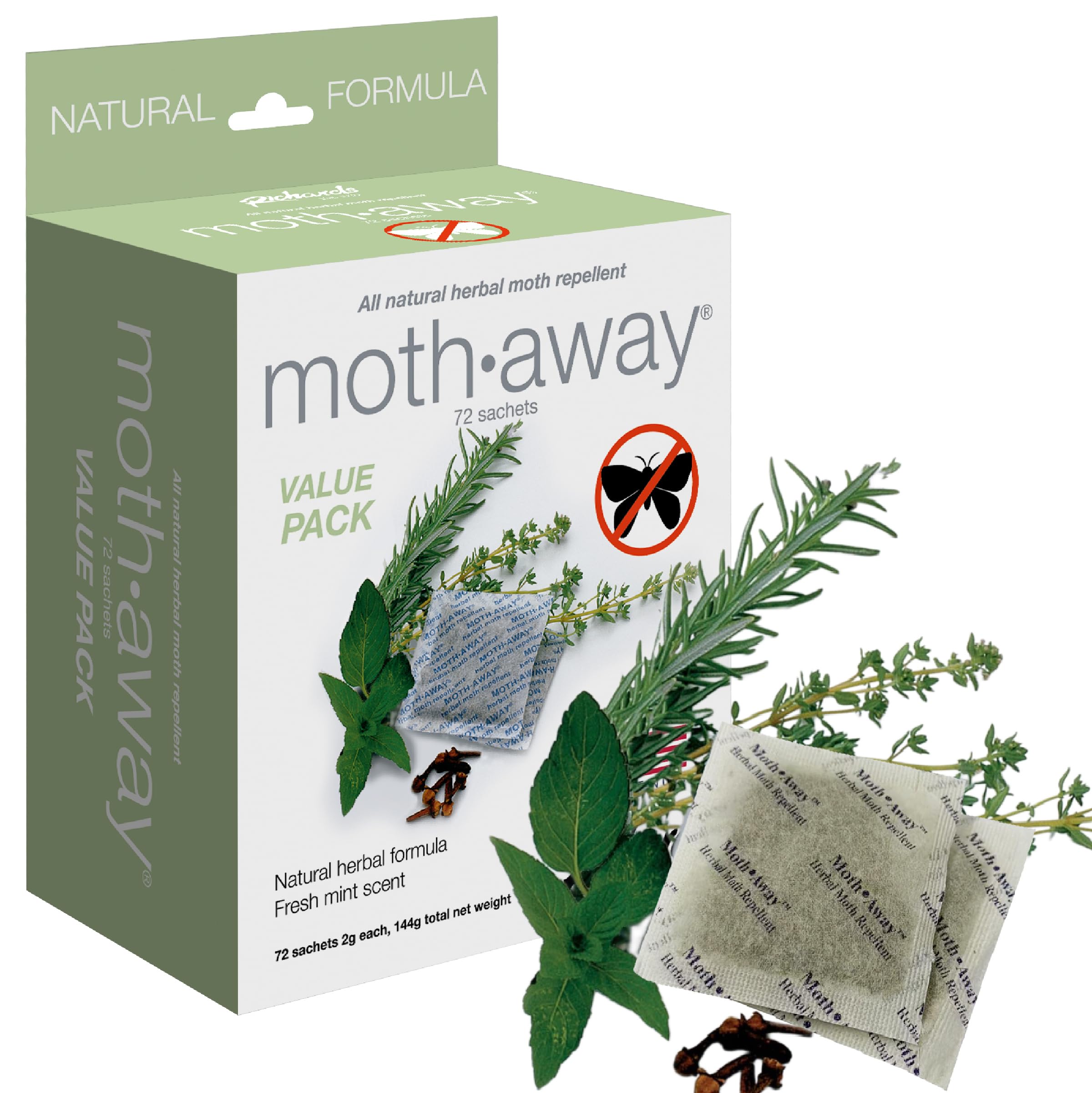 Richards Moth Away sachet packaging showing bulk protection for closets.