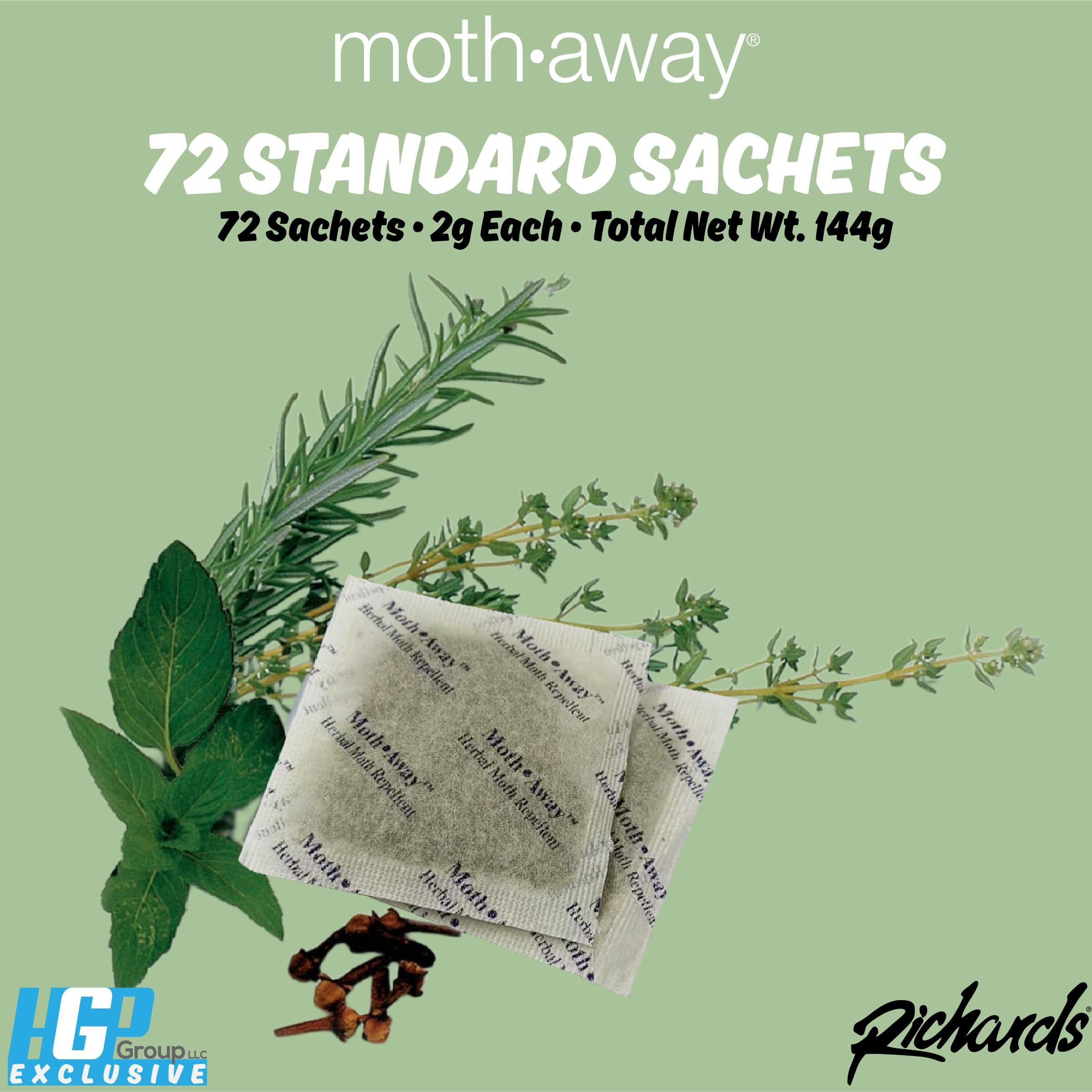 Richards Moth Away sachet storage bin illustrates space-saving moth protection.