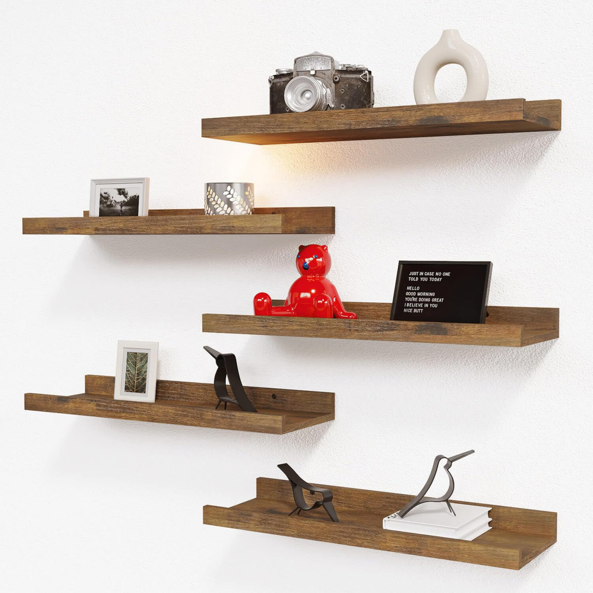 RICHER HOUSE five-set floating shelves on wall for organized display and extra storage.