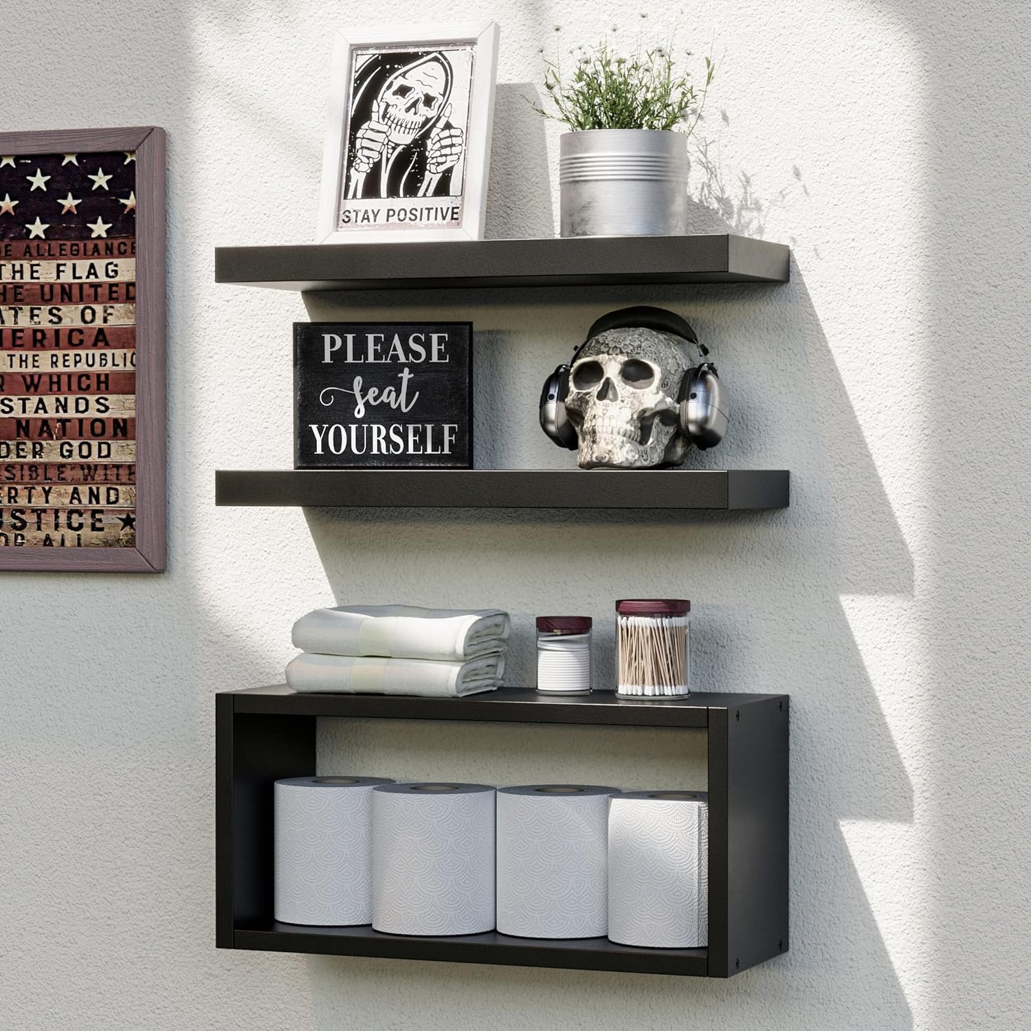 RICHER HOUSE Black Floating Shelves 3-pack over the toilet for tidy bathroom storage.