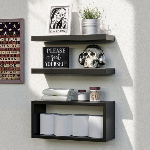 RICHER HOUSE Black Floating Shelves 3-pack over the toilet for tidy bathroom storage.