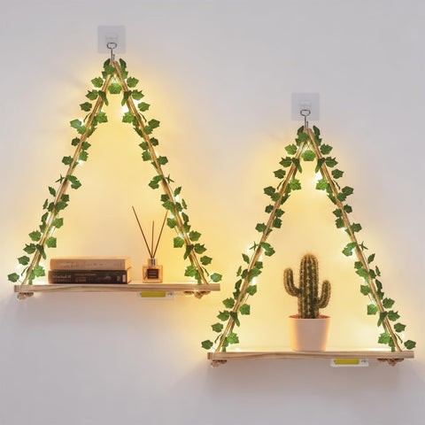 RICHER HOUSE floating macrame shelves with ivy and LED lights brighten wall decor.