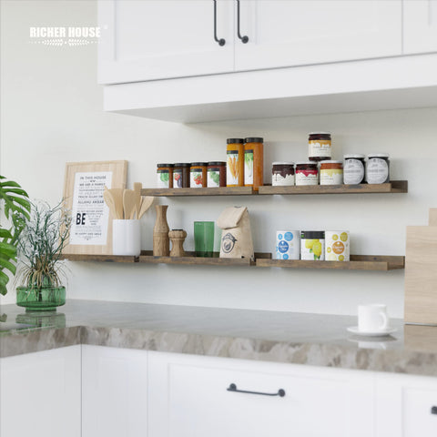 RICHER HOUSE kitchen storage shelves turn loose items into tidy spice display.