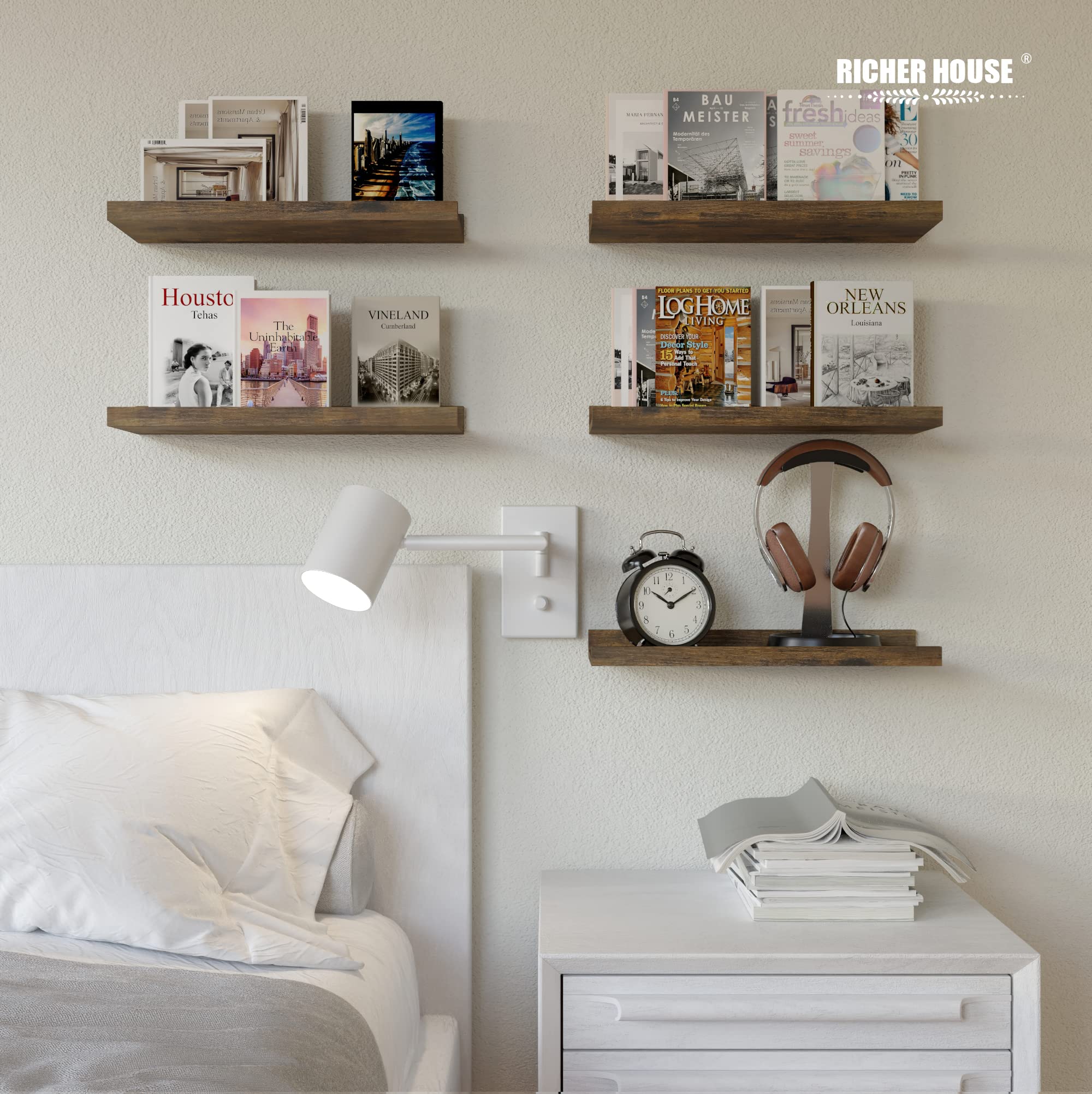 RICHER HOUSE nursery shelves mounted on wall help organize toys and books.