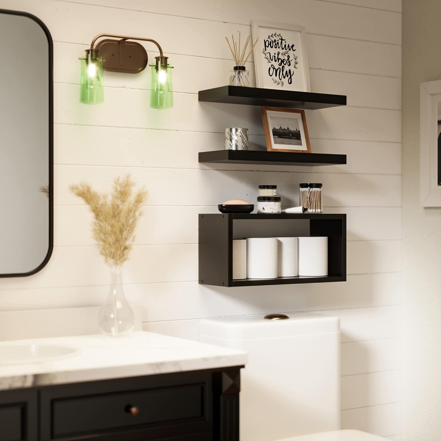 RICHER HOUSE wall-mounted shelves in black offer sleek modern decor and flexible display.