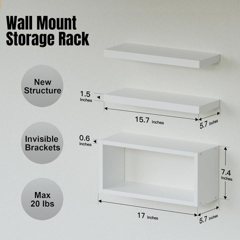 Richer House bedside storage white floating shelves for organized bedroom essentials.