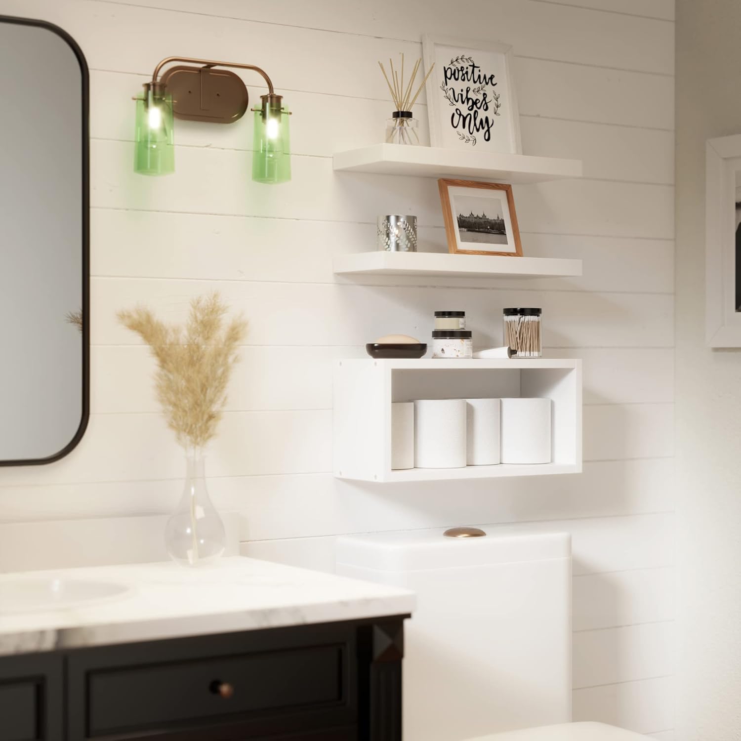 Richer House white floating shelves with concealed mounting for seamless wall decor.