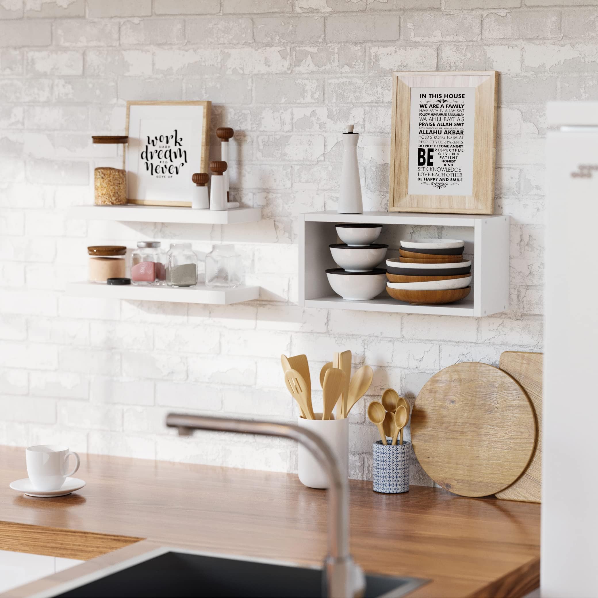 Richer House kitchen decor and storage with white floating shelves.