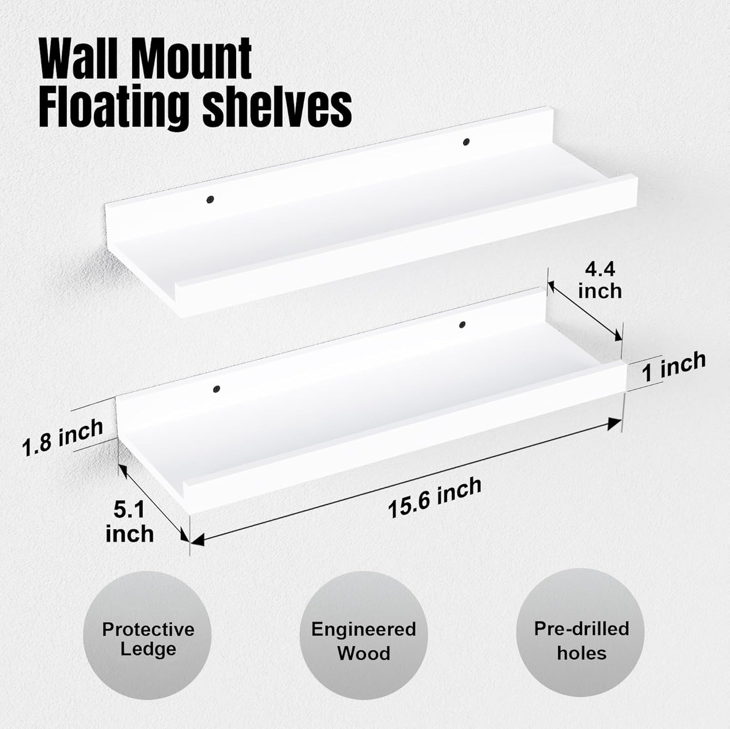 RICHER HOUSE white floating shelves with lip guard keep items secure and accessible in any room.