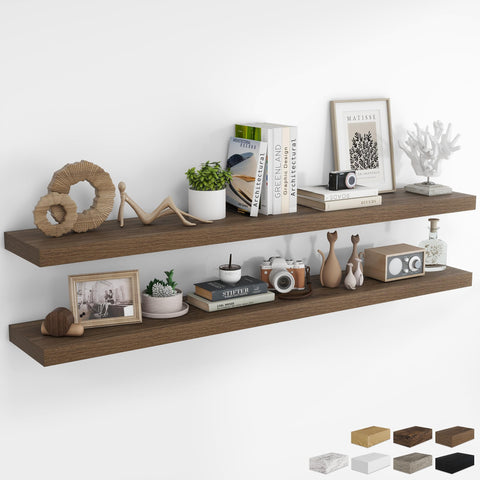 RICHFOCUS 72-inch walnut floating shelves offer dramatic, clutter-free storage for any room.