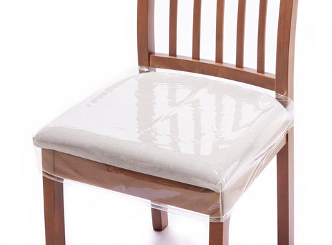 Ridgesun clear chair slipcover over a dining chair protects surface while preserving chair design.