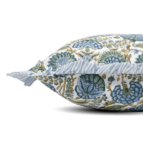 Ridhi asparagus green block-print pillow close-up highlighting breathable 100% cotton fabric