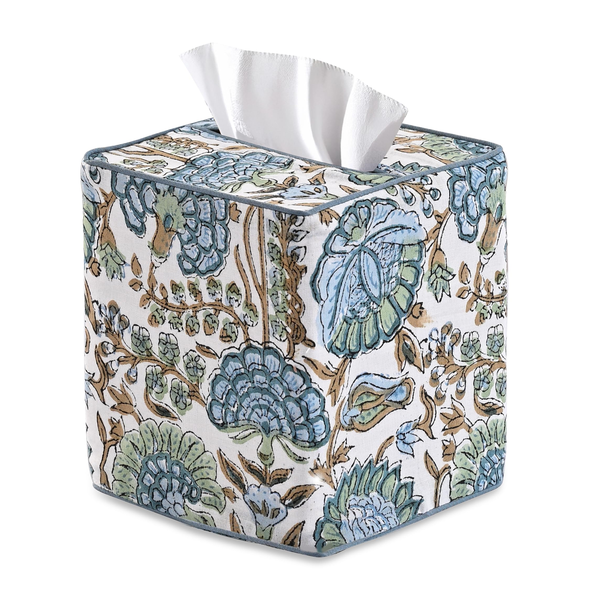 Ridhi Asparagus Green block print tissue box cover conceals standard boxes