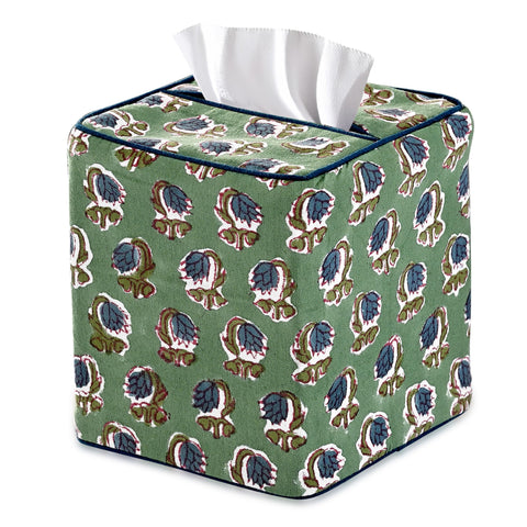 Ridhi Basil green block print tissue box cover conceals a standard box with artisanal charm.