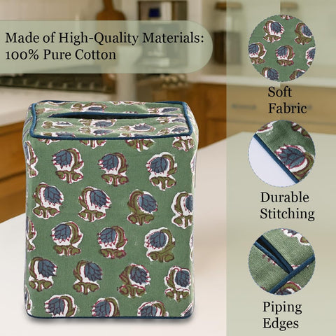 Ridhi Basil green cotton tissue cover emphasizes durable, breathable fabric for daily use.
