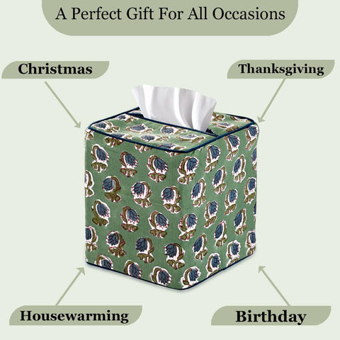 Ridhi Basil green slip-over tissue cover makes quick upgrades easy.