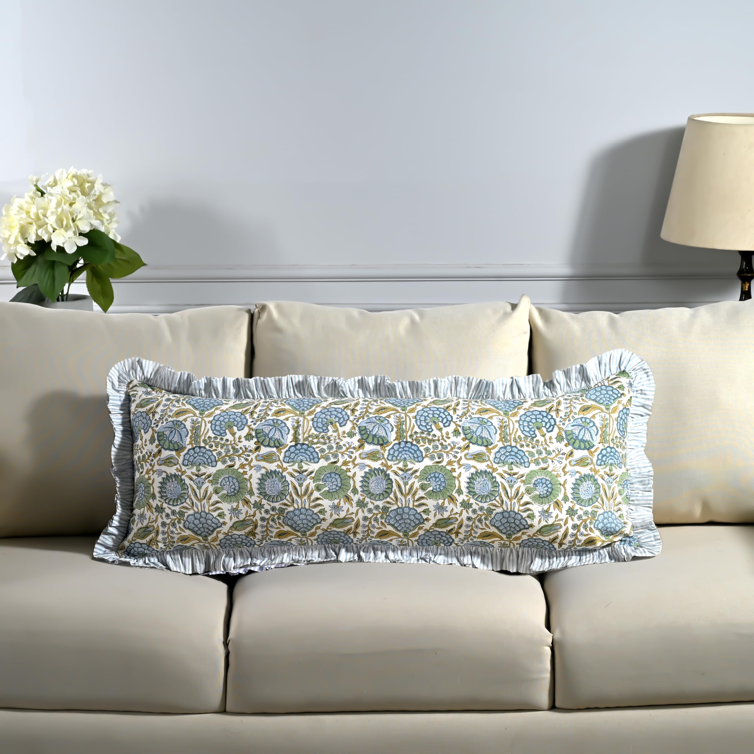Ridhi block print asparagus green lumbar sham close-up shows rustic ruffle for cozy seating
