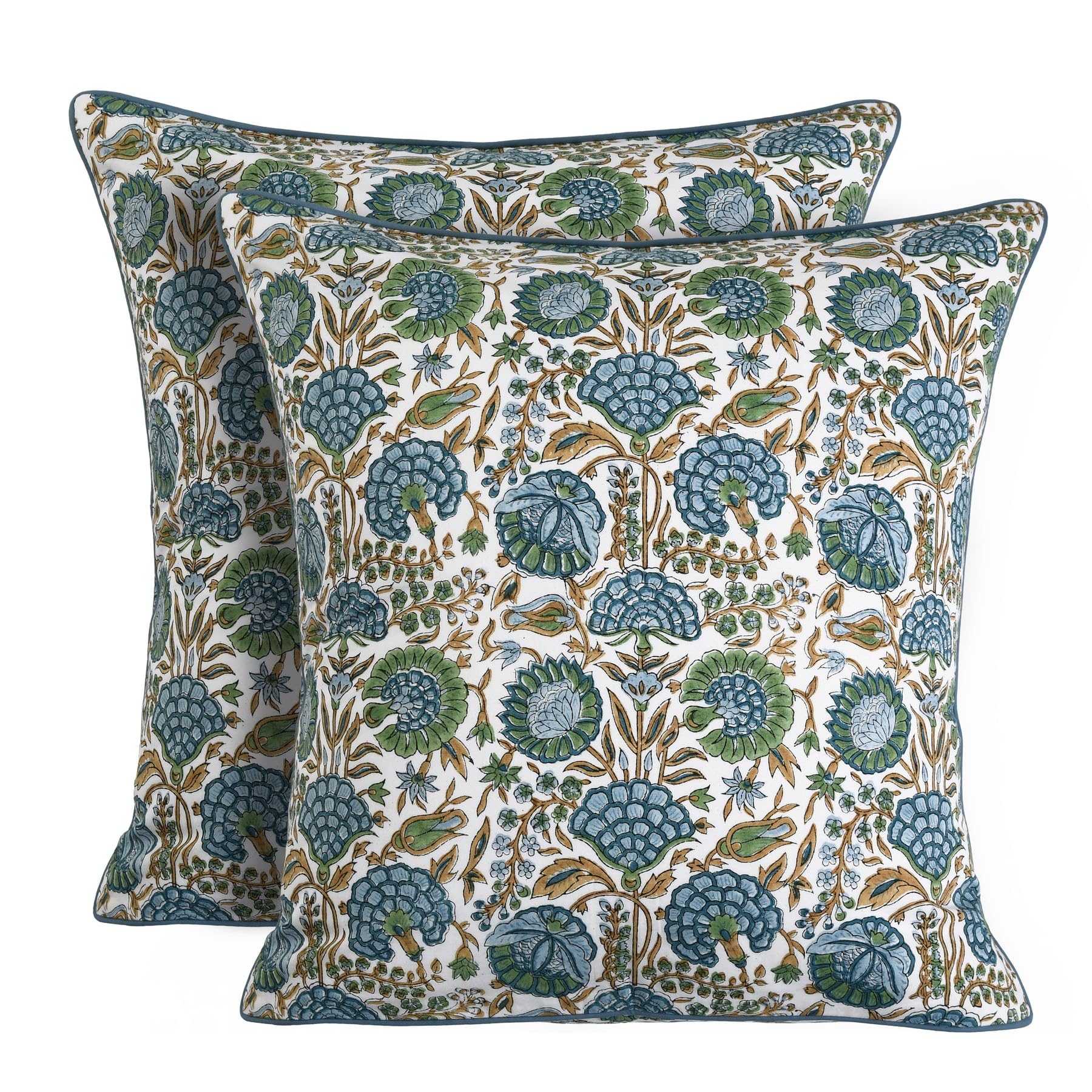 Ridhi block print asparagus green pillow cover 16x16, front view for cozy living spaces.