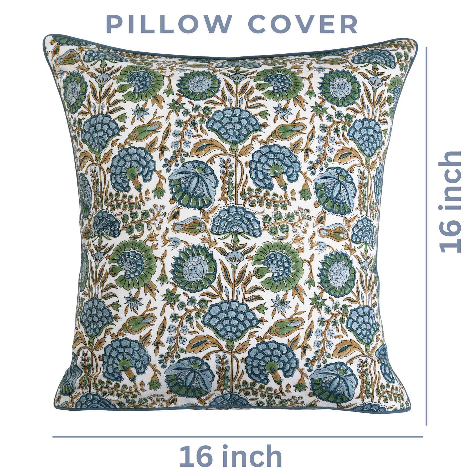 Ridhi block print asparagus green pillow cover 16x16, living room styled for warm farmhouse mood.