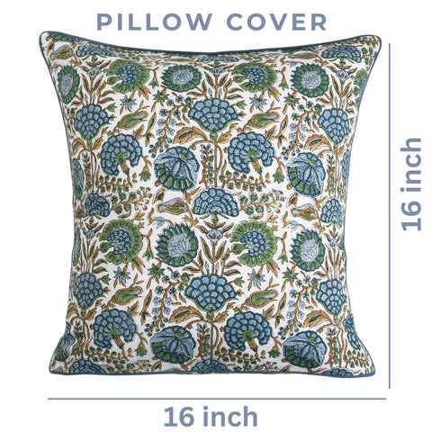 Ridhi block print asparagus green pillow cover 16x16, living room styled for warm farmhouse mood.