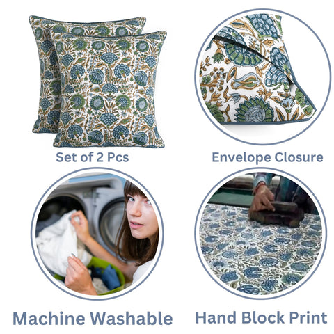 Ridhi block print asparagus green pillow cover 16x16, pack of 2 on display for versatile styling.