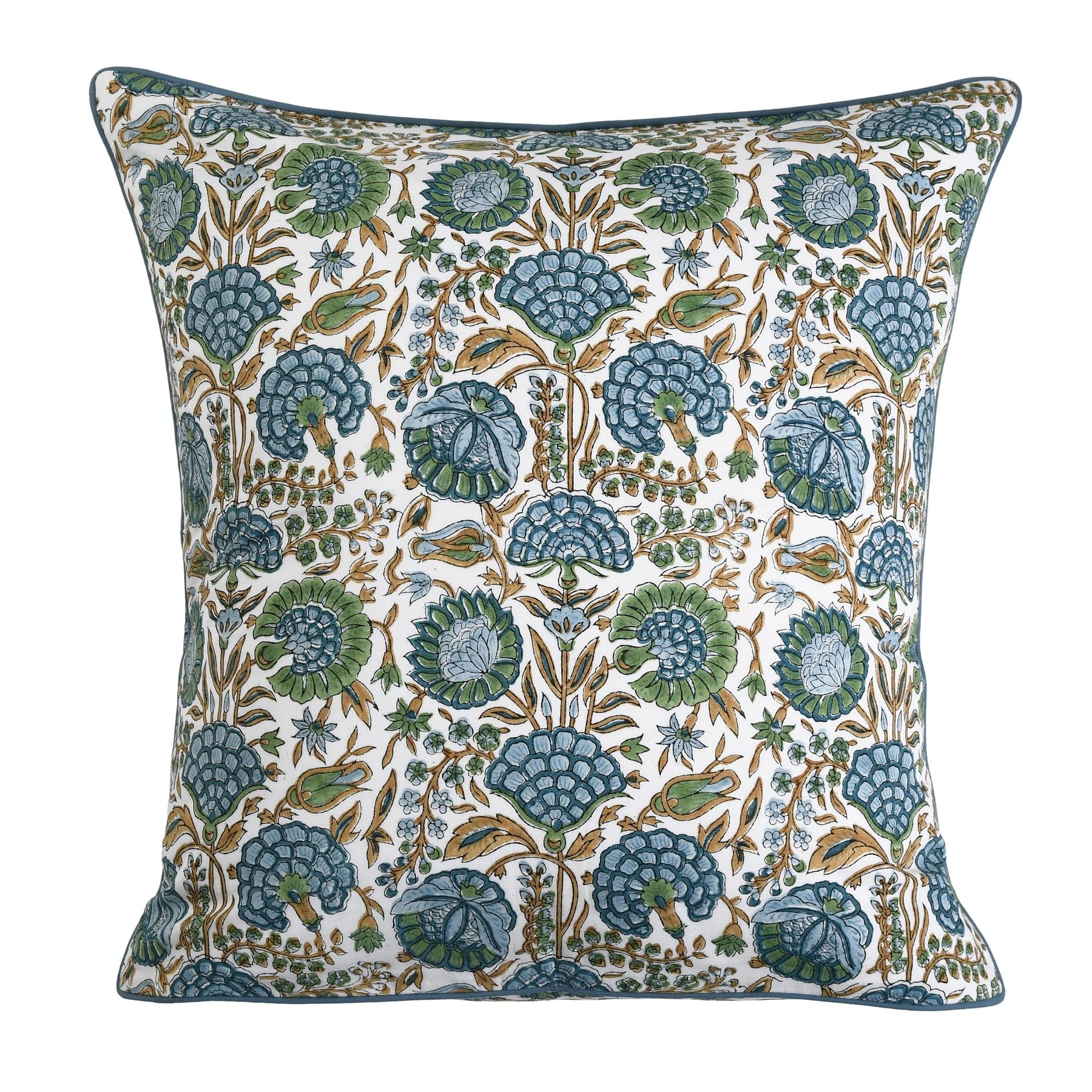 Ridhi block print asparagus green pillow cover 16x16, enhances fabric texture for cozy couches.