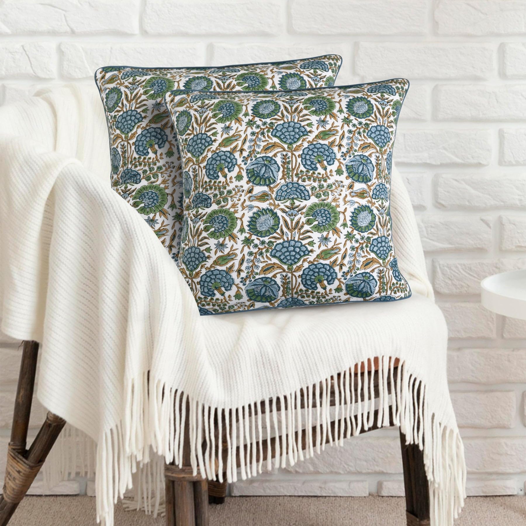 Ridhi block print asparagus green pillow cover texture close-up shows cotton weave