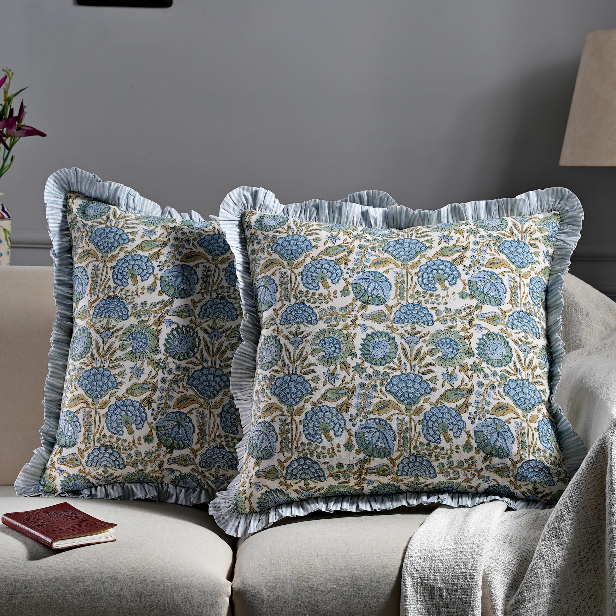 Ridhi asparagus green pillow cover with ruffle detail adds elegant texture