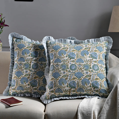 Ridhi asparagus green pillow cover with ruffle detail adds elegant texture
