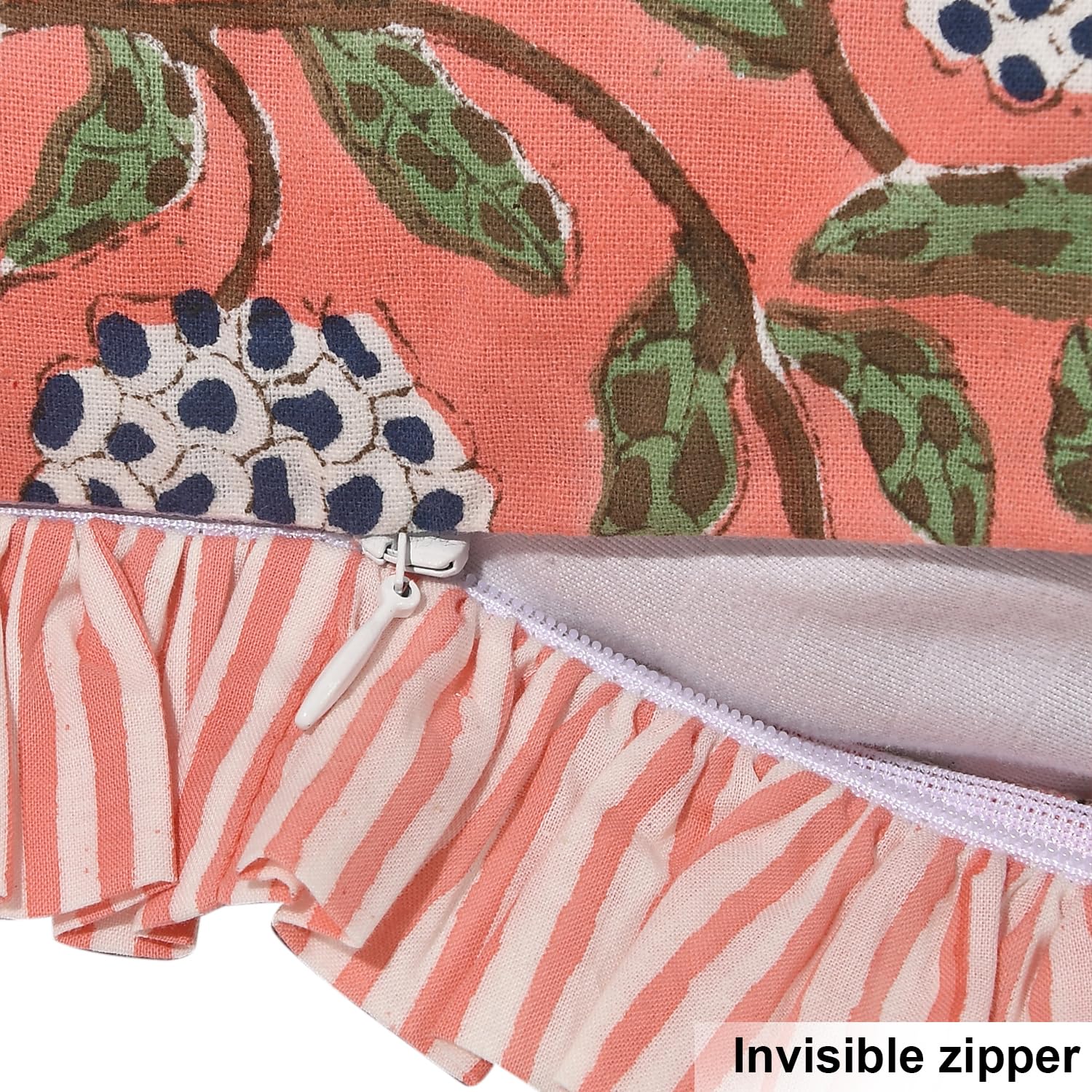 Ridhi block print dark salmon pink 18x18 back view showcases double-sided print.
