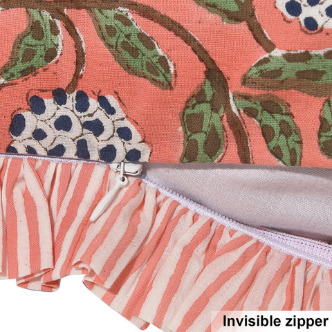 Ridhi block print dark salmon pink 18x18 back view showcases double-sided print.