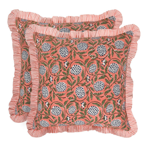 Ridhi block print dark salmon pink 18x18 front view throw pillow cover for stylish living spaces.