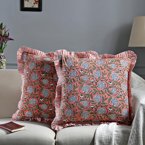 Ridhi block print dark salmon pink 18x18 side-ruffle detail adds refined texture.