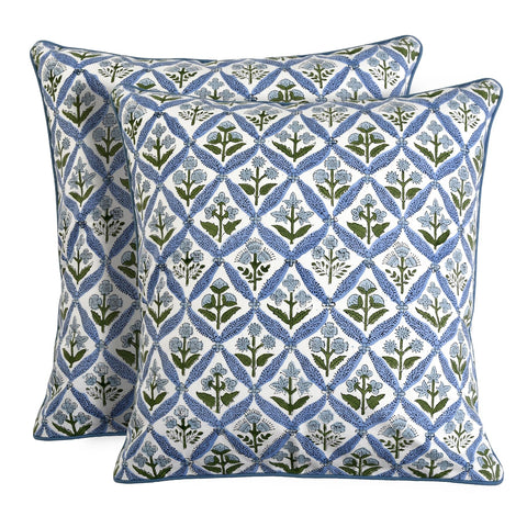 Ridhi block print light steel blue pillow cover two-pack with soft cotton texture