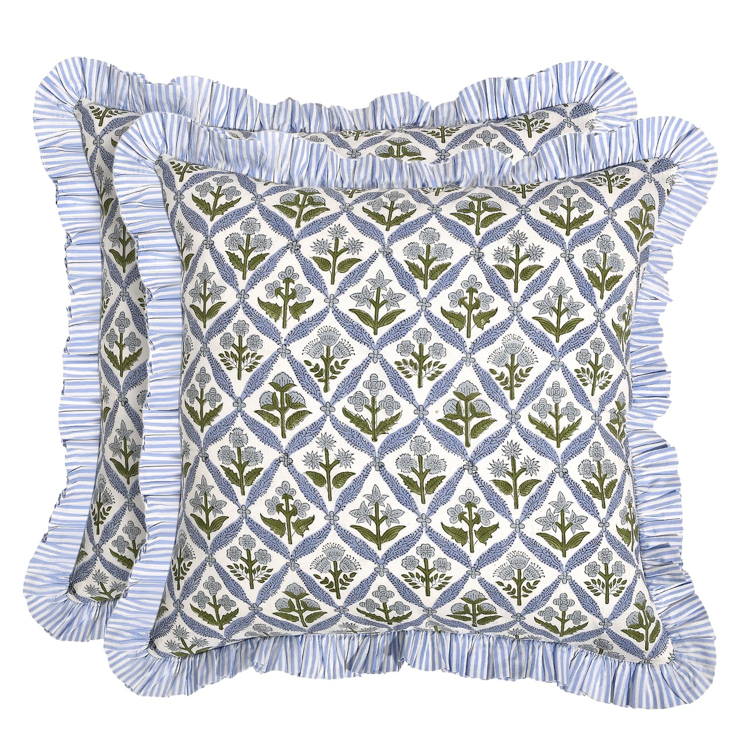 Ridhi block print pillow cover in light steel blue adds refined color to your sofa.