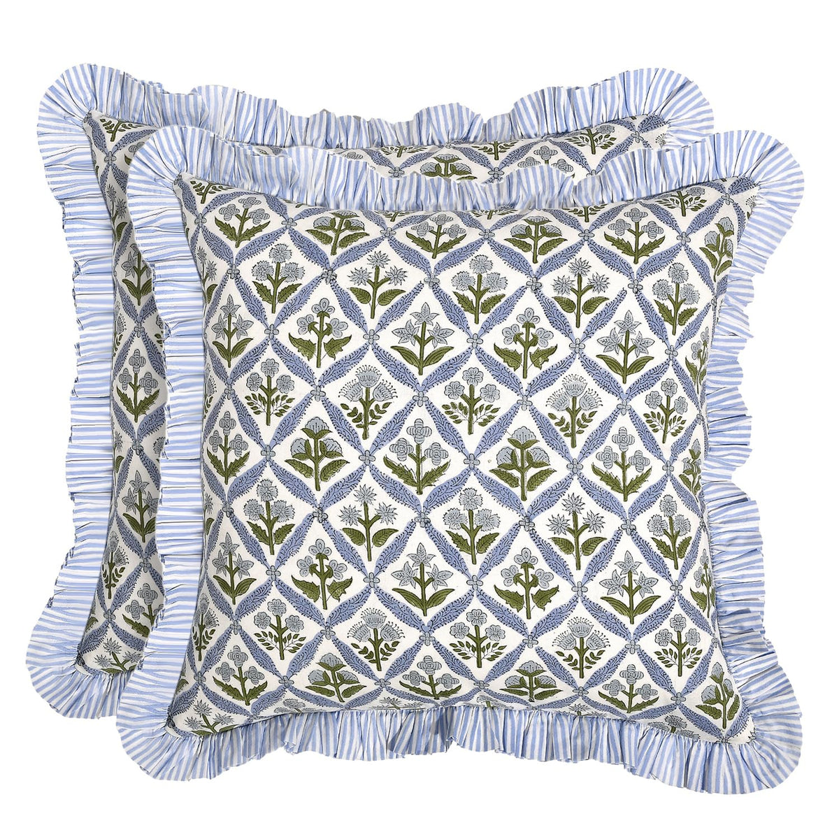 Ridhi block print pillow cover in light steel blue adds refined color to your sofa.