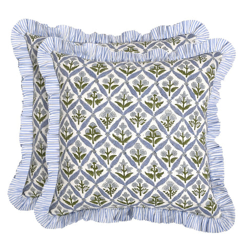 Ridhi block print pillow cover in light steel blue adds refined color to your sofa.