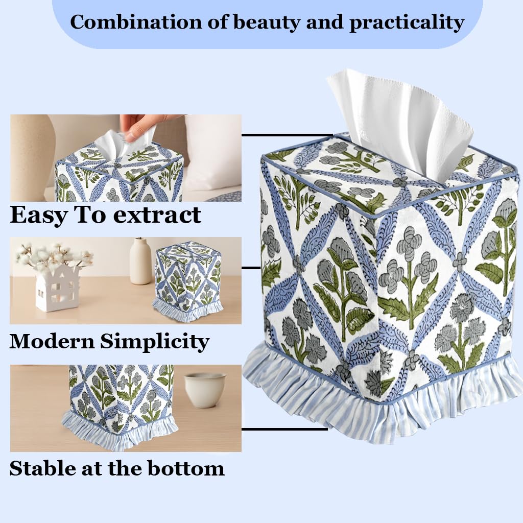Ridhi block print tissue box cover with ruffle detail adds soft sophistication.