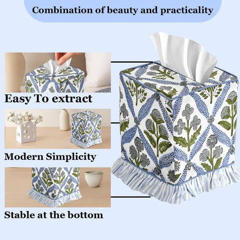 Ridhi block print tissue box cover with ruffle detail adds soft sophistication.