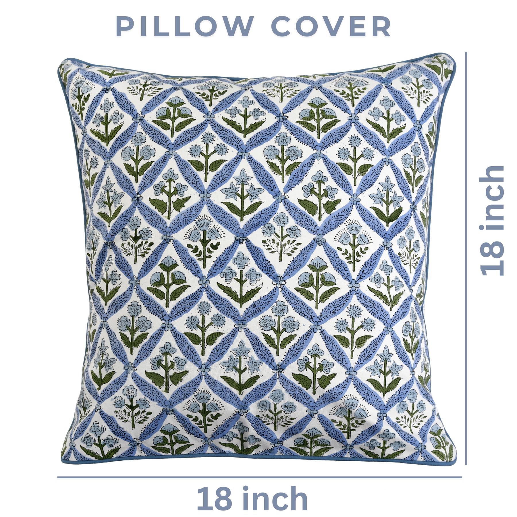 Ridhi block print pillow cover on a sofa adds warm farmhouse charm