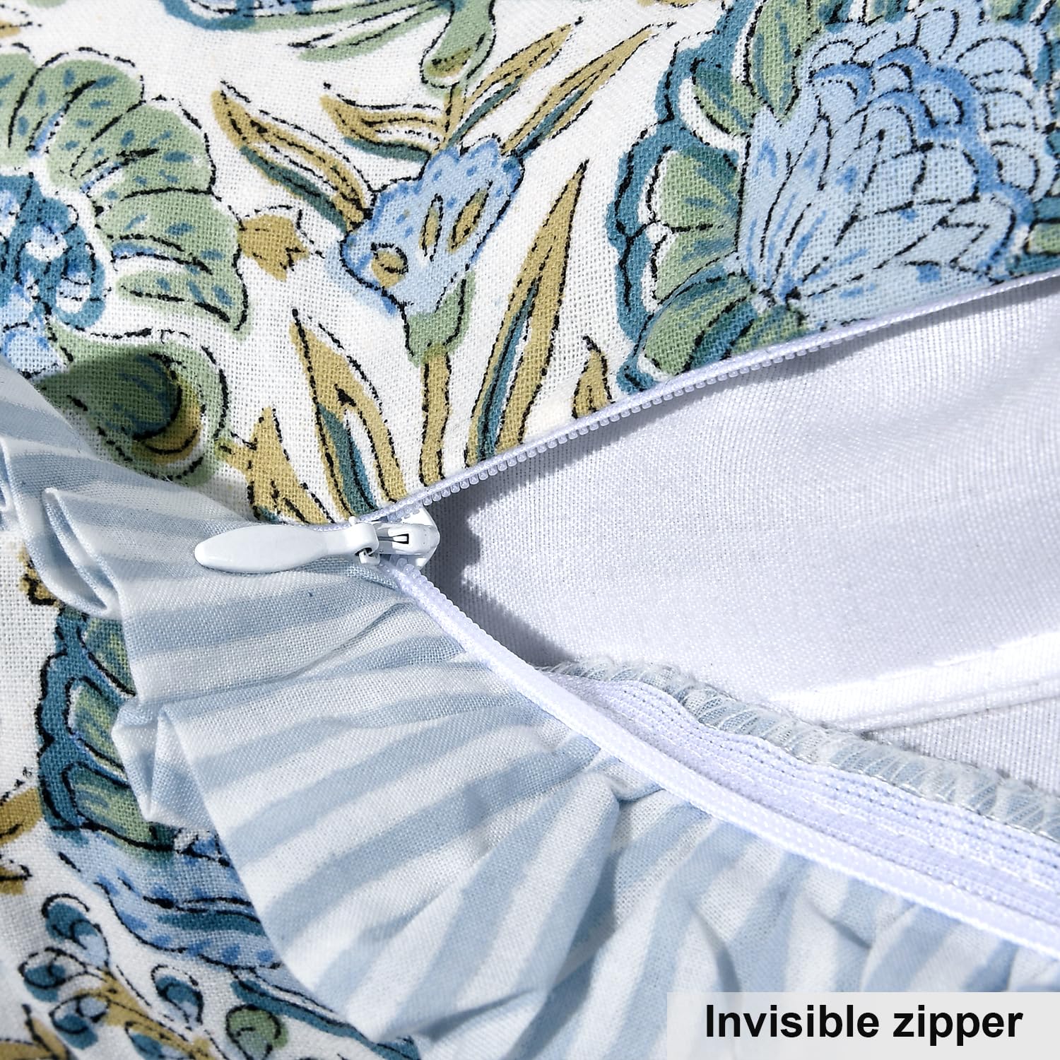 Ridhi boho floral block-print sham with ruffle edge enhances sofa aesthetic