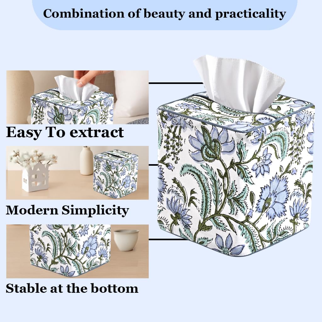 Ridhi Columbia Blue art-inspired tissue box cover—durable and washable.