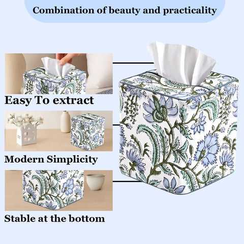 Ridhi Columbia Blue art-inspired tissue box cover—durable and washable.
