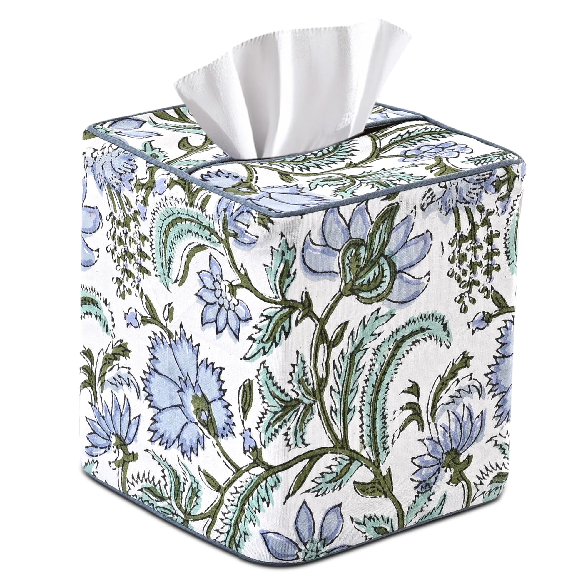 Ridhi Columbia Blue Block Print tissue box cover—handmade artisanal charm for elegant home décor.