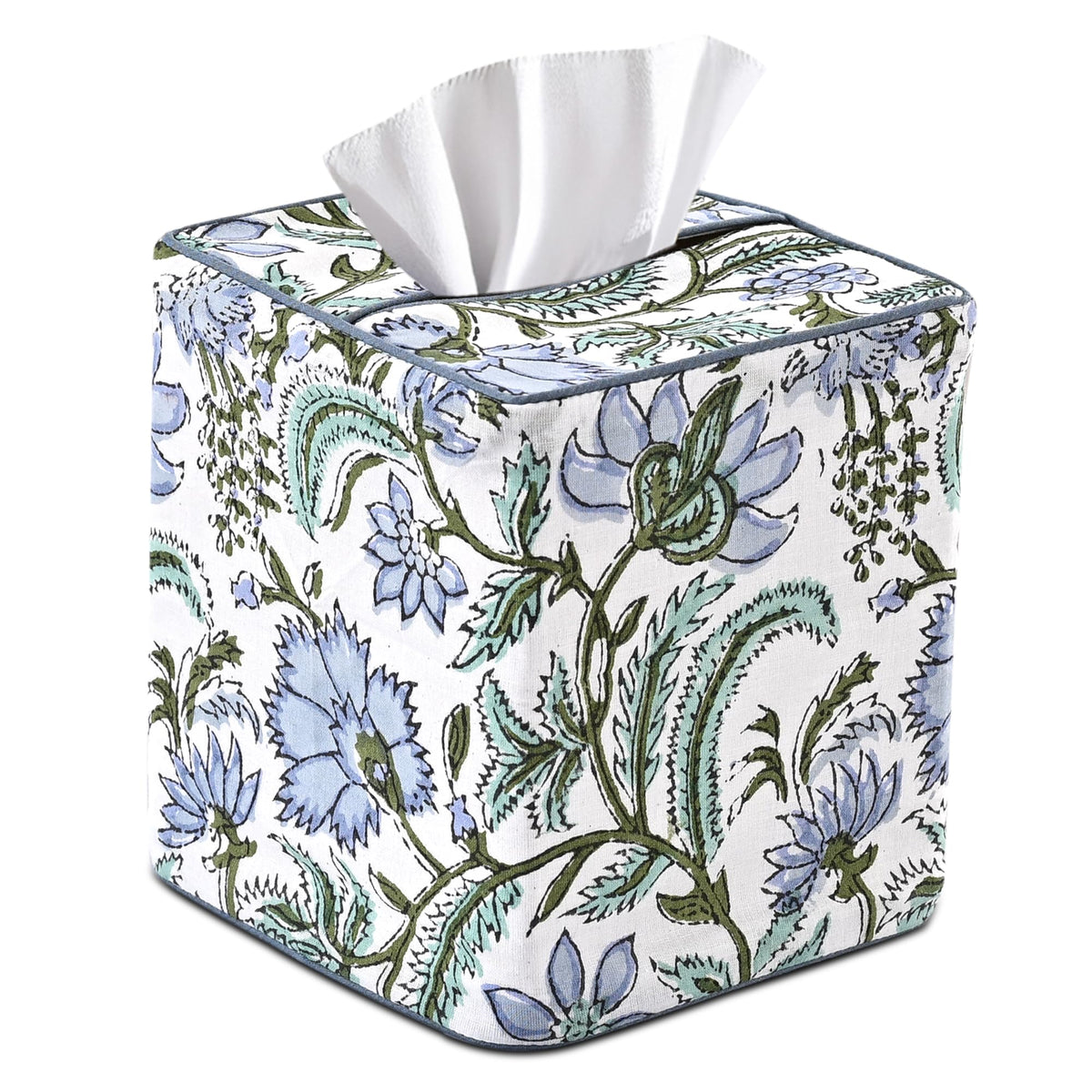 Ridhi Columbia Blue Block Print tissue box cover—handmade artisanal charm for elegant home décor.